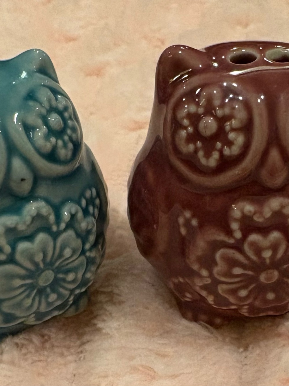 Ceramic Floral Owl Salt and Pepper Shakers - Teal and dark pink